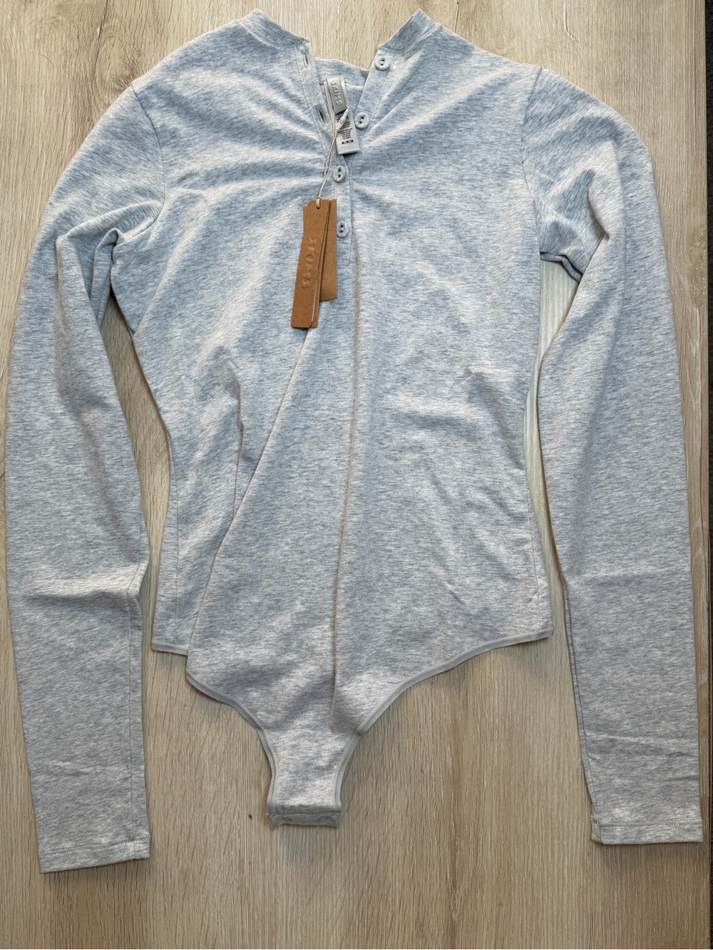 Skims Cotton Jersey Long Sleeve Henley Bodysuit in Light Heather Grey NWT
